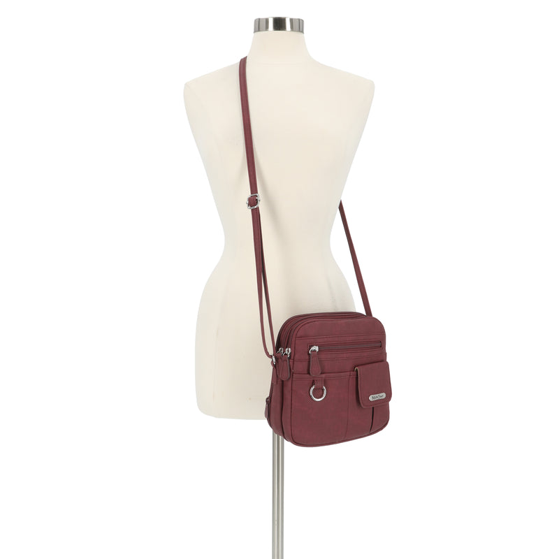 North South Zip Around Crossbody Bag - MultiSac Handbags - Women's Crossbody Bags - Multiple Pockets - Organizer Bags - Medium Crossbody Bag - Vegan Leather- Built in wallet with credit cart slots - Burgundy